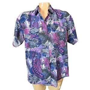 Xingu Womens Abstract Silk Short Sleeve Button Up‎ Shirt Size Small Whimsygoth